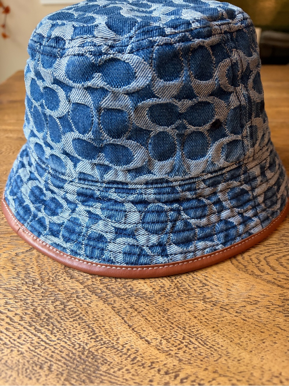 Coach Blue Jacquard Denim Bucket Hat with Brown Trim